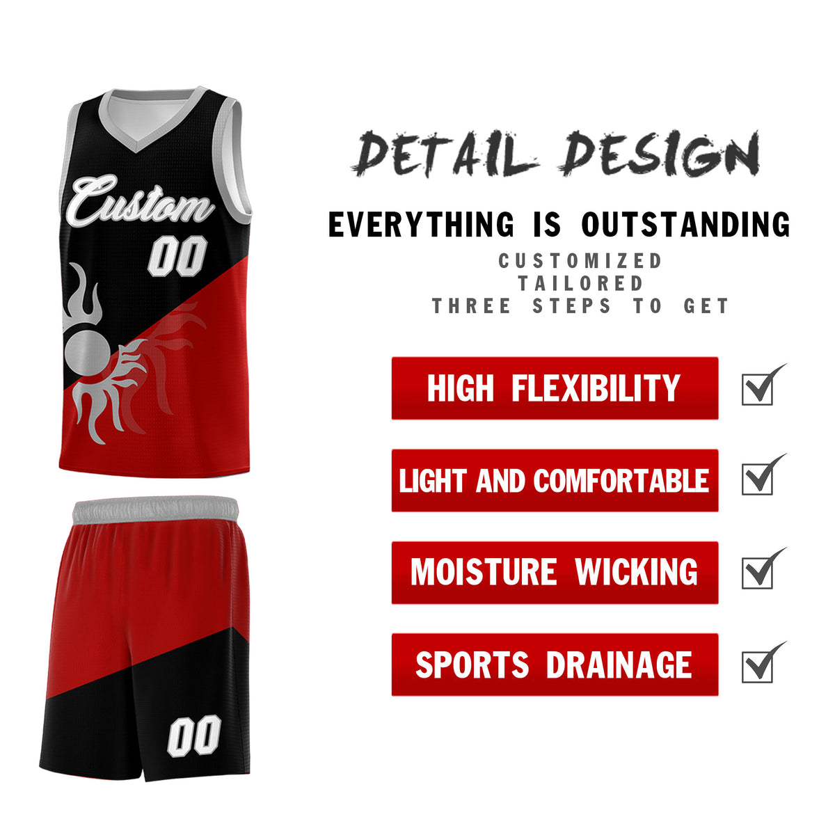 Custom Youth Basketball Jerseys - Black Red Sunburst Design Two Tone Uniforms