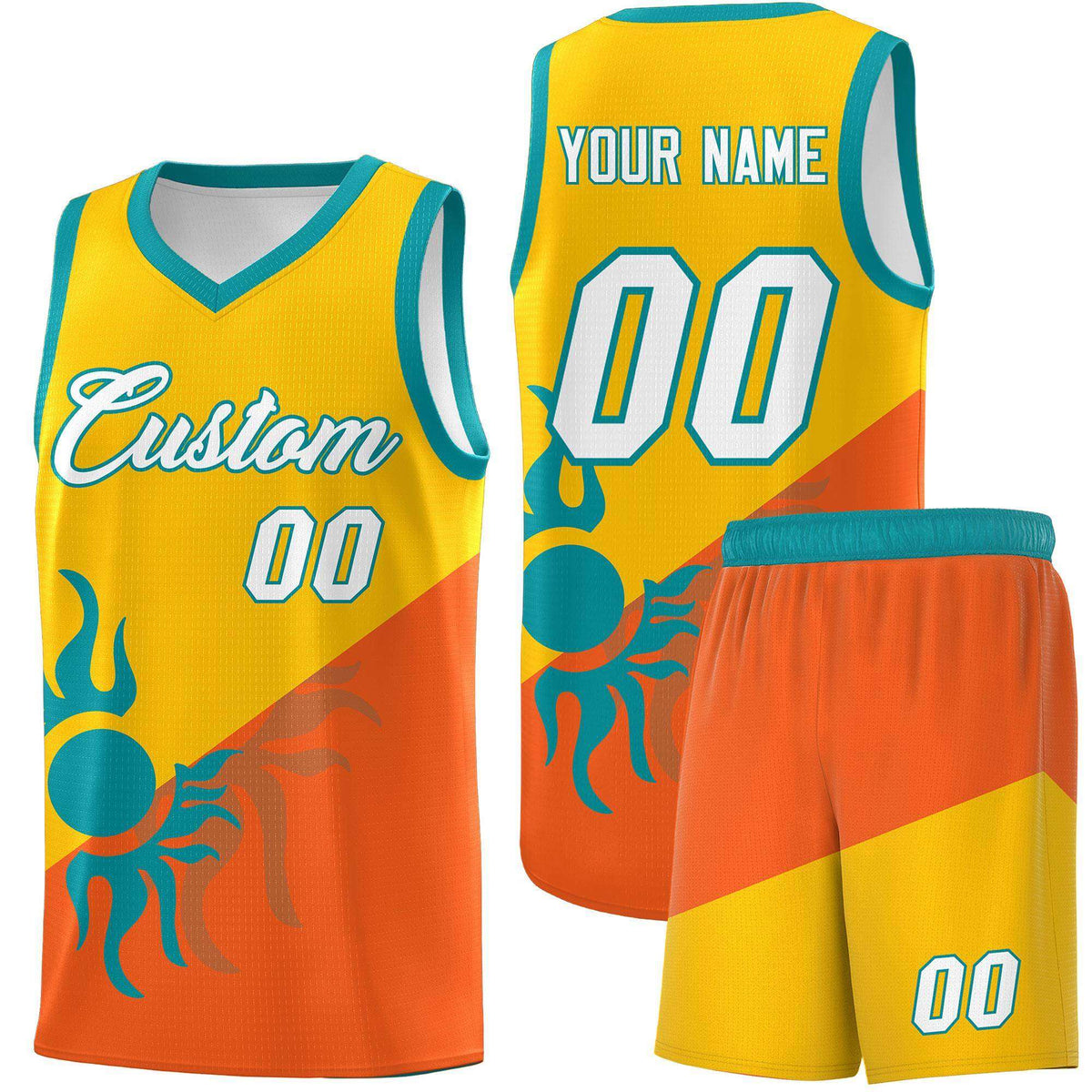 Custom Youth Basketball Jerseys - Yellow Orange Radiant Sun Design Two Tone Uniforms