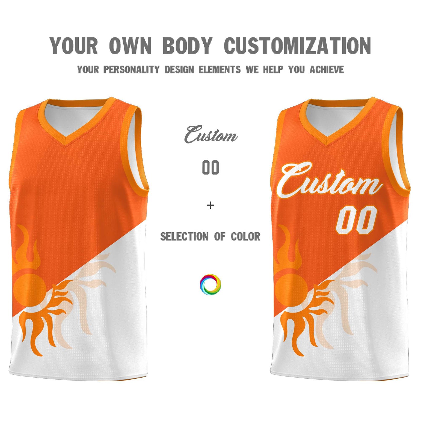 Custom Youth Basketball Jerseys - Orange White Radiant Sun Design Two Tone Uniforms