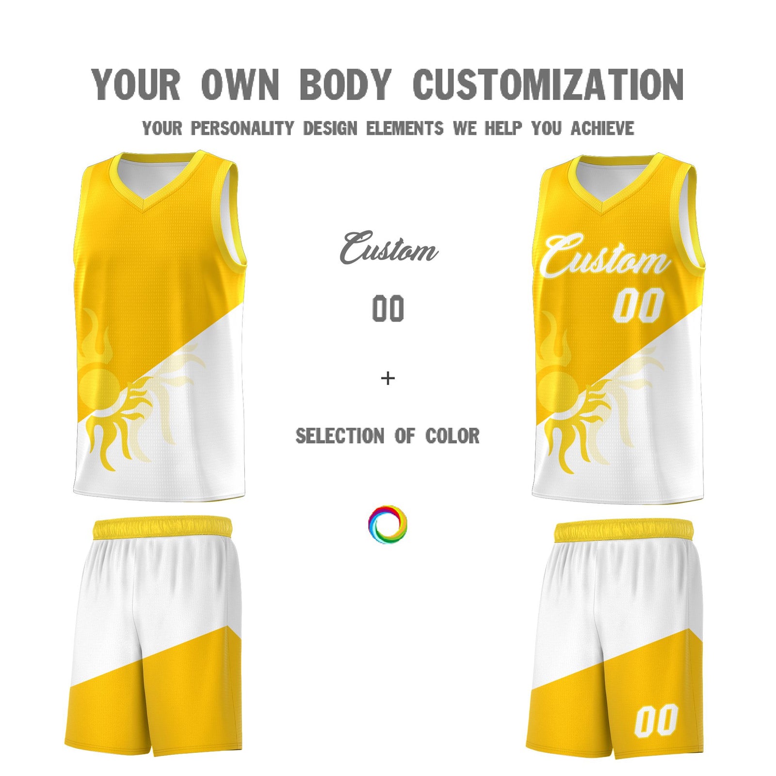 Custom Youth Basketball Jerseys - Yellow White Sunburst Design Two Tone Uniforms