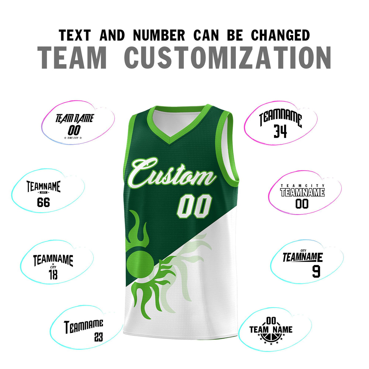 Custom Youth Basketball Jerseys - Kelly Green White Radiant Sun Design Two Tone Uniforms