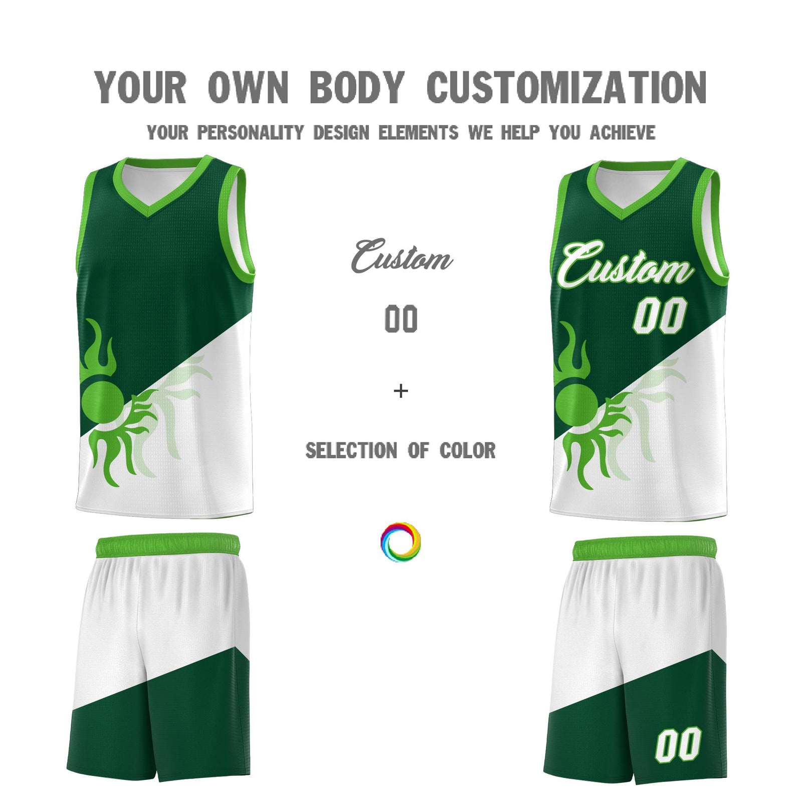 Custom Youth Basketball Jerseys - Kelly Green White Radiant Sun Design Two Tone Uniforms