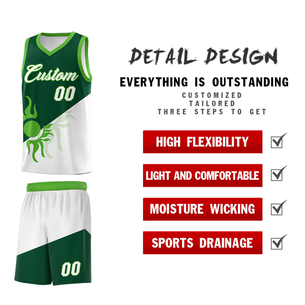 Custom Youth Basketball Jerseys - Kelly Green White Radiant Sun Design Two Tone Uniforms