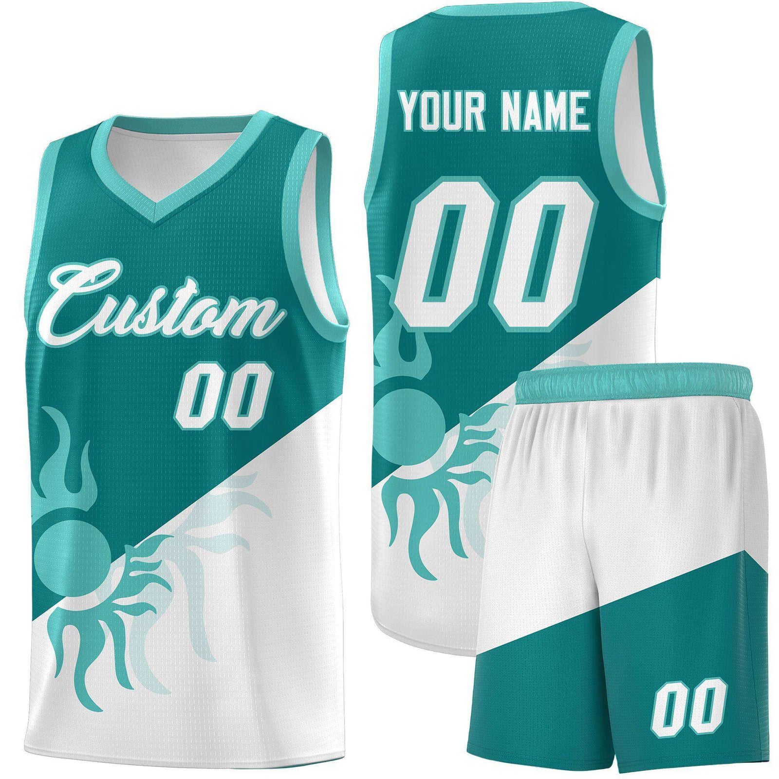 Custom Youth Basketball Jerseys - Teal White Sunburst Design Two Tone Uniforms