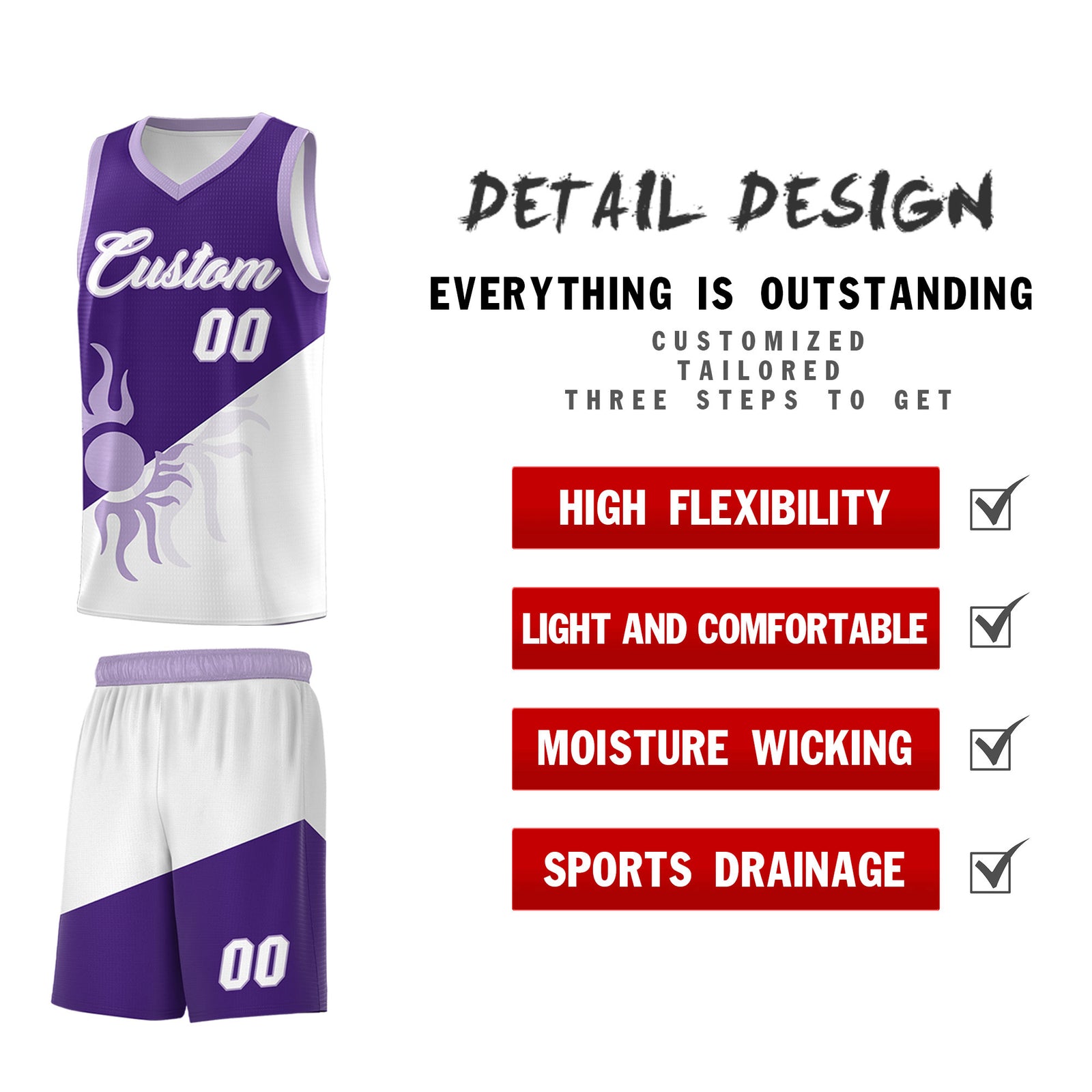 Custom Youth Basketball Jerseys - Purple White Sunburst Design Two Tone Uniforms