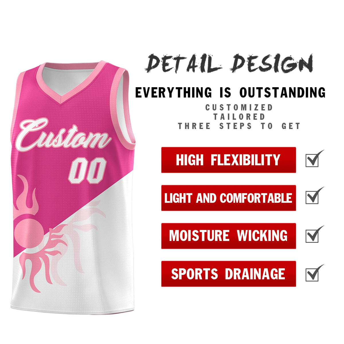 Custom Youth Basketball Jerseys - Rose Red White Radiant Sun Design Two Tone Uniforms