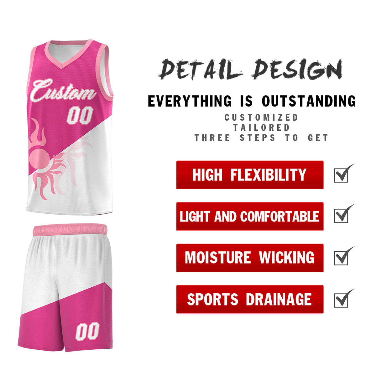 Custom Youth Basketball Jerseys - Rose Red White Radiant Sun Design Two Tone Uniforms
