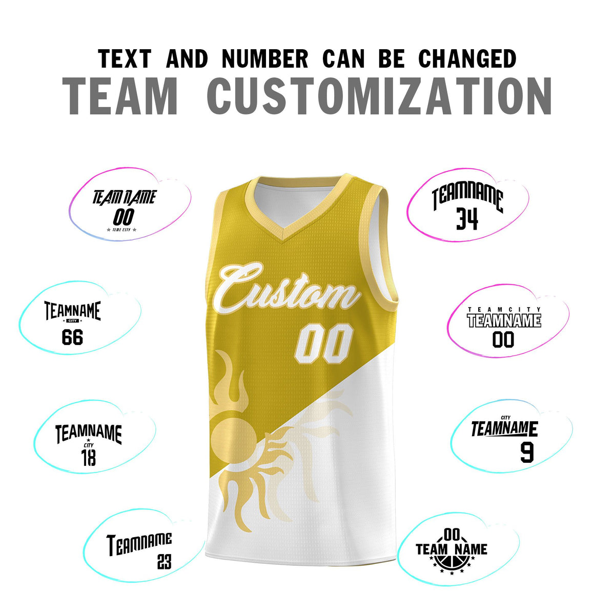 Custom Youth Basketball Jerseys - Old Gold White Radiant Sun Design Two Tone Uniforms