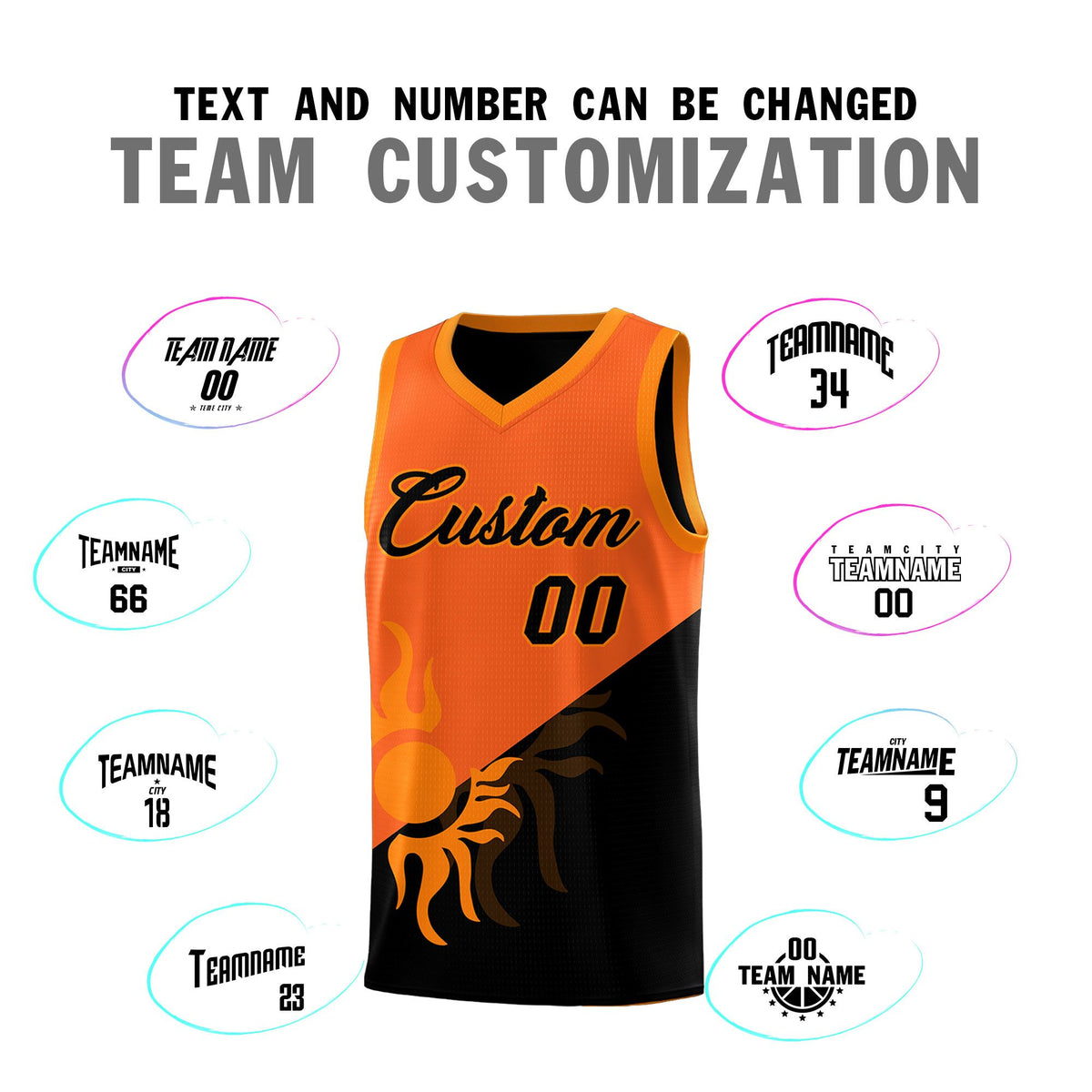 Custom Youth Basketball Jerseys - Orange Black Radiant Sun Design Two Tone Uniforms