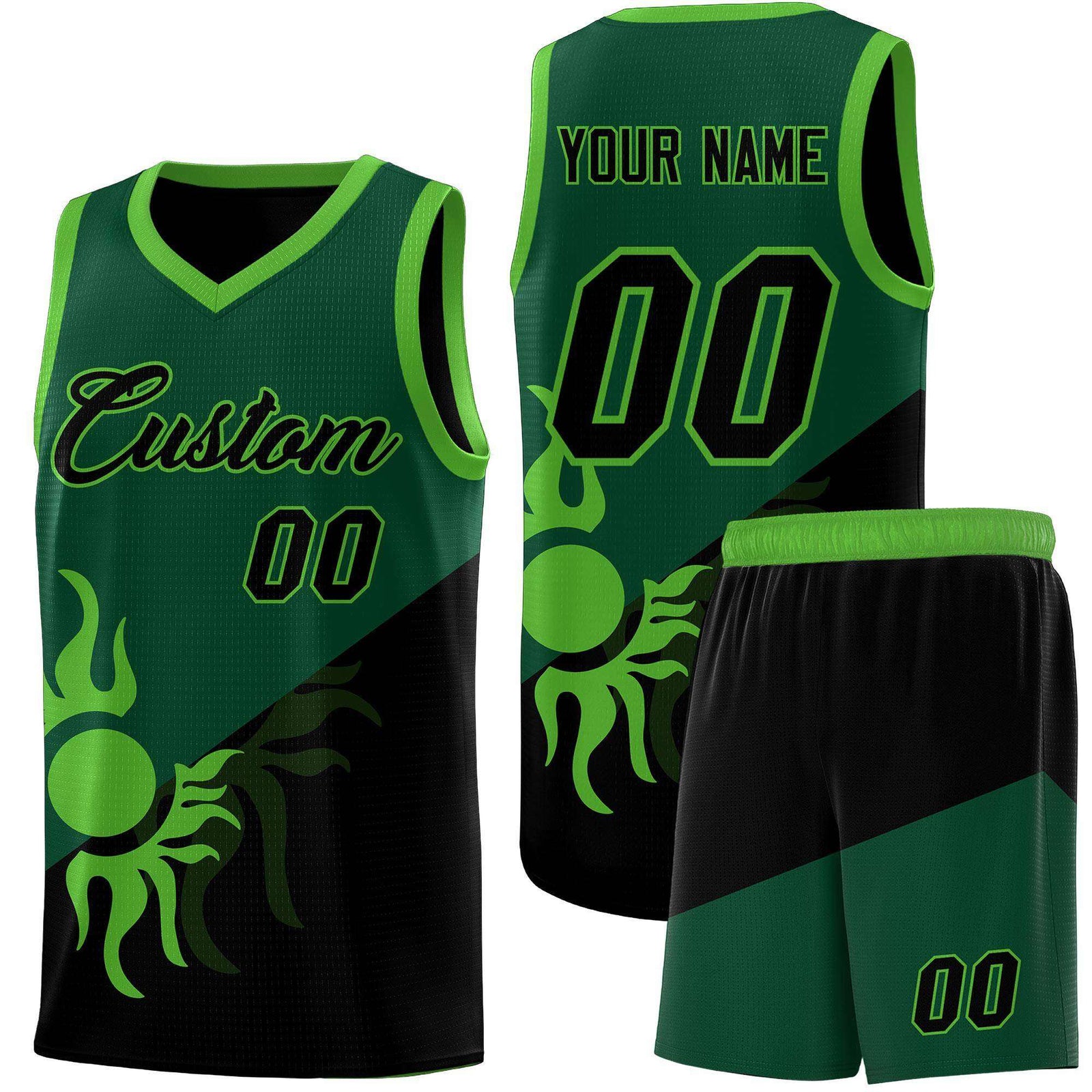 Custom Youth Basketball Jerseys - Kelly Green Black Radiant Sun Design Two Tone Uniforms