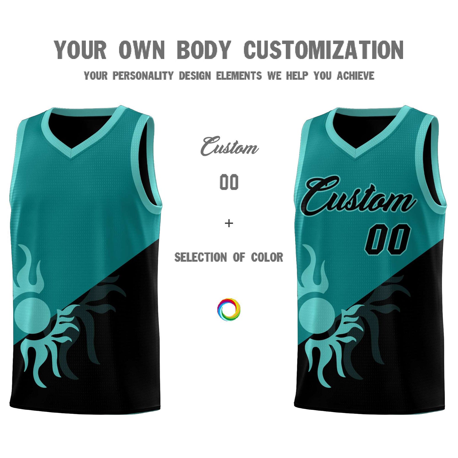 Custom Youth Basketball Jerseys - Teal Black Sunburst Design Two Tone Uniforms