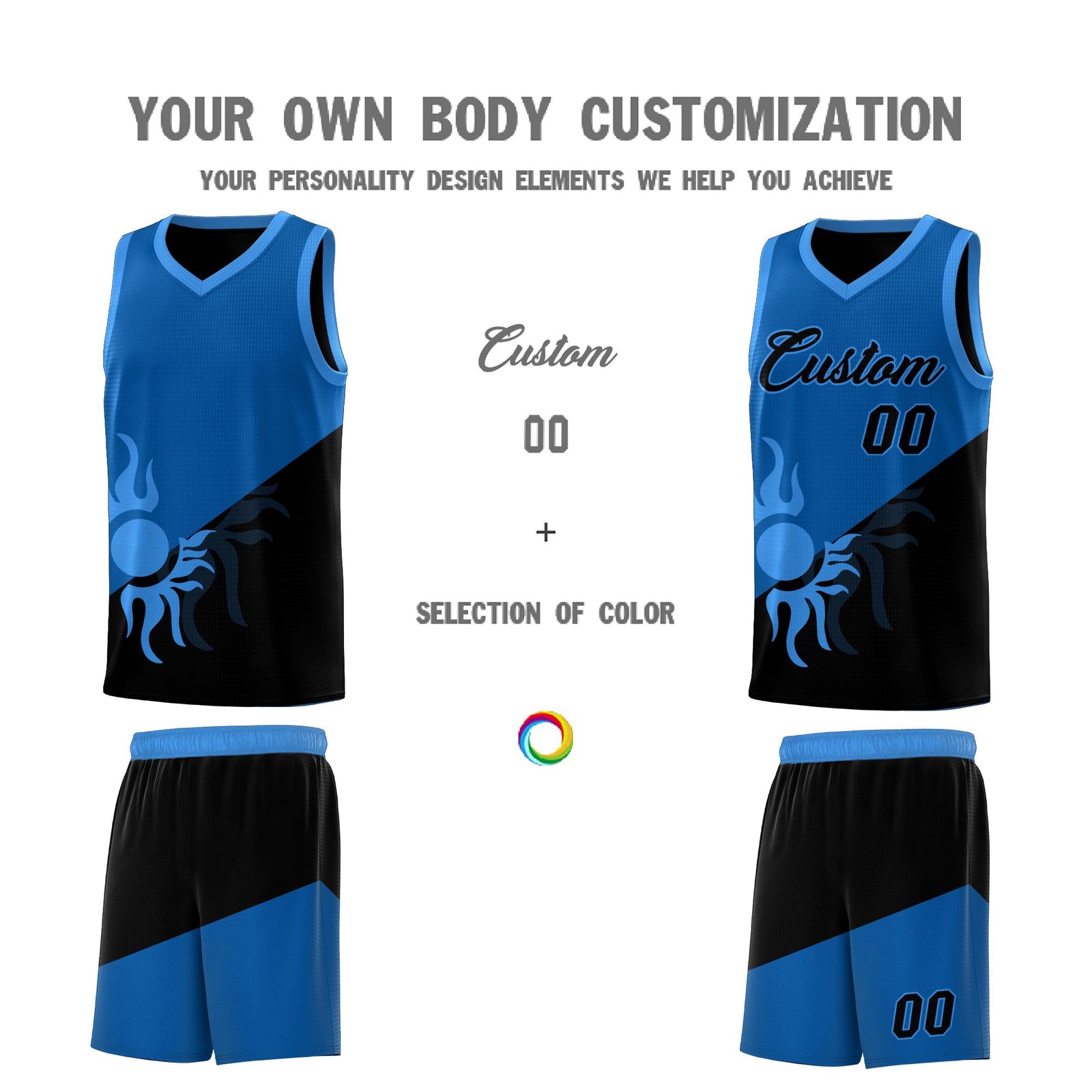 Custom Youth Basketball Jerseys - Royal Black Radiant Sun Design Two Tone Uniforms