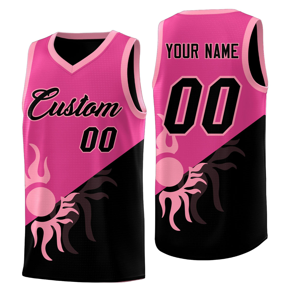 Custom Youth Basketball Jerseys - Rose Red Black Radiant Sun Design Two Tone Uniforms