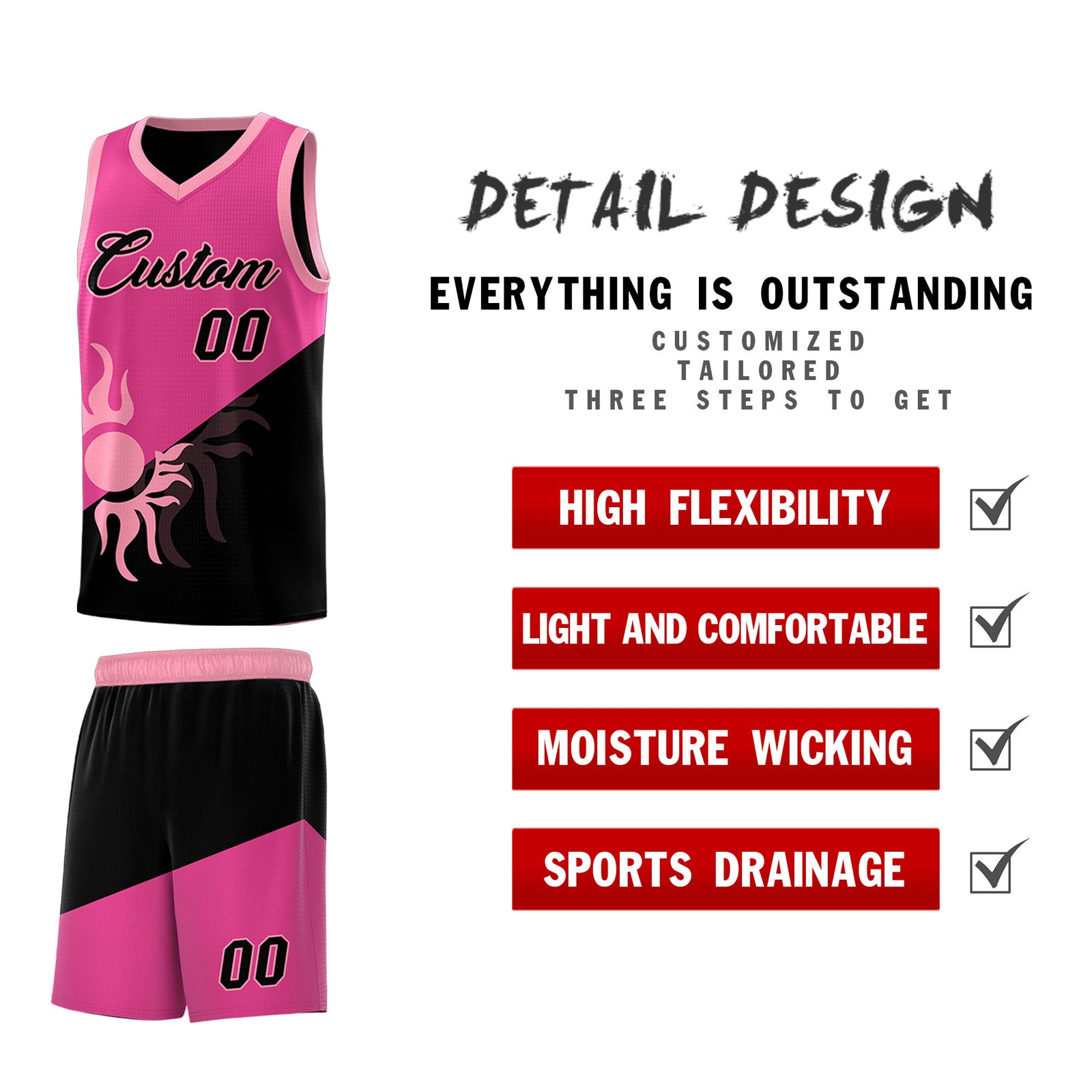 Custom Youth Basketball Jerseys - Rose Red Black Radiant Sun Design Two Tone Uniforms