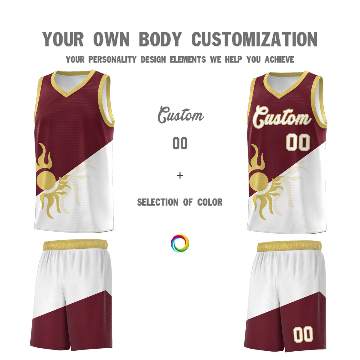 Custom Youth Basketball Jerseys - Burgundy White Sunburst Design Two Tone Uniforms