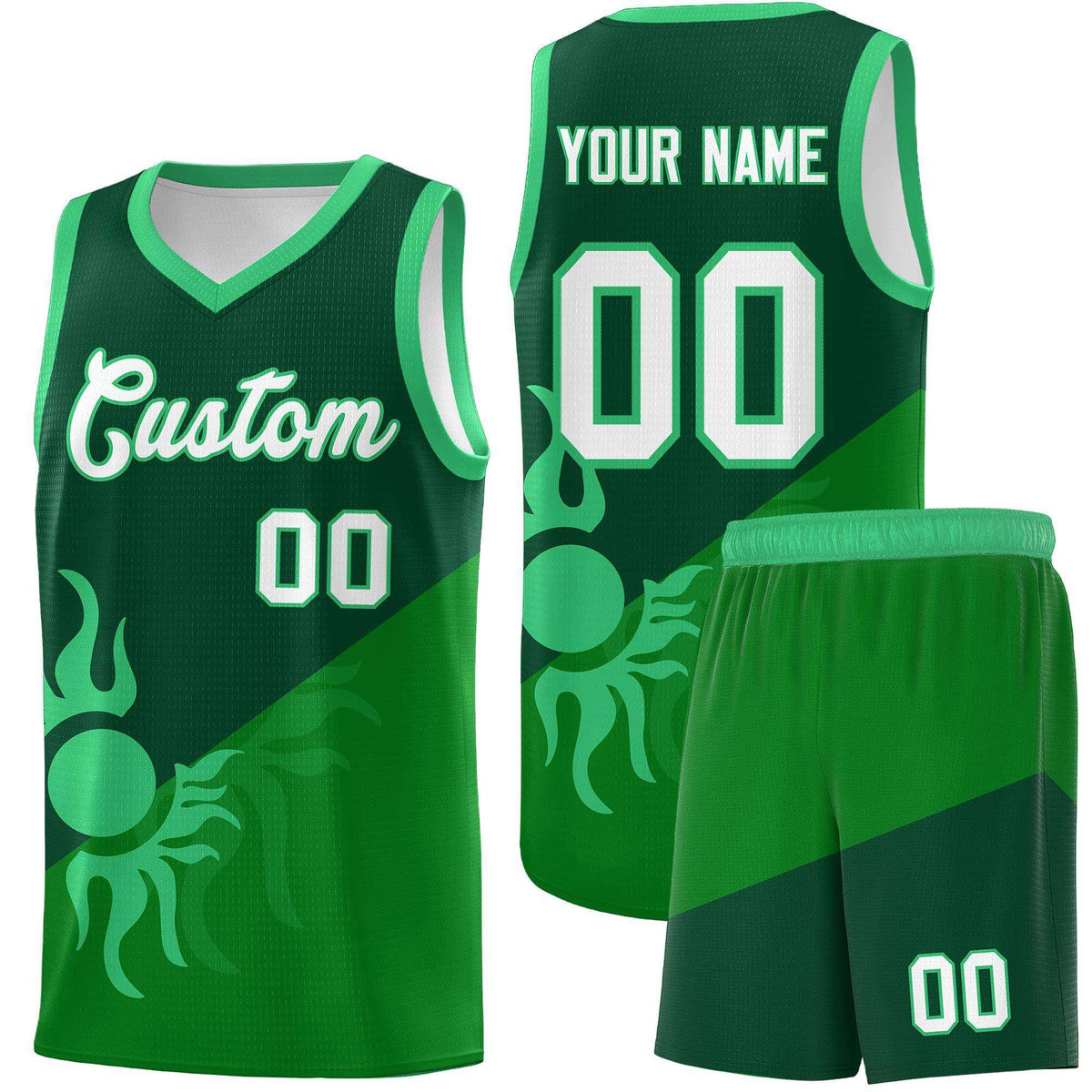 Custom Youth Basketball Jerseys - Kelly Green Kelly Green Sunburst Design Two Tone Uniforms