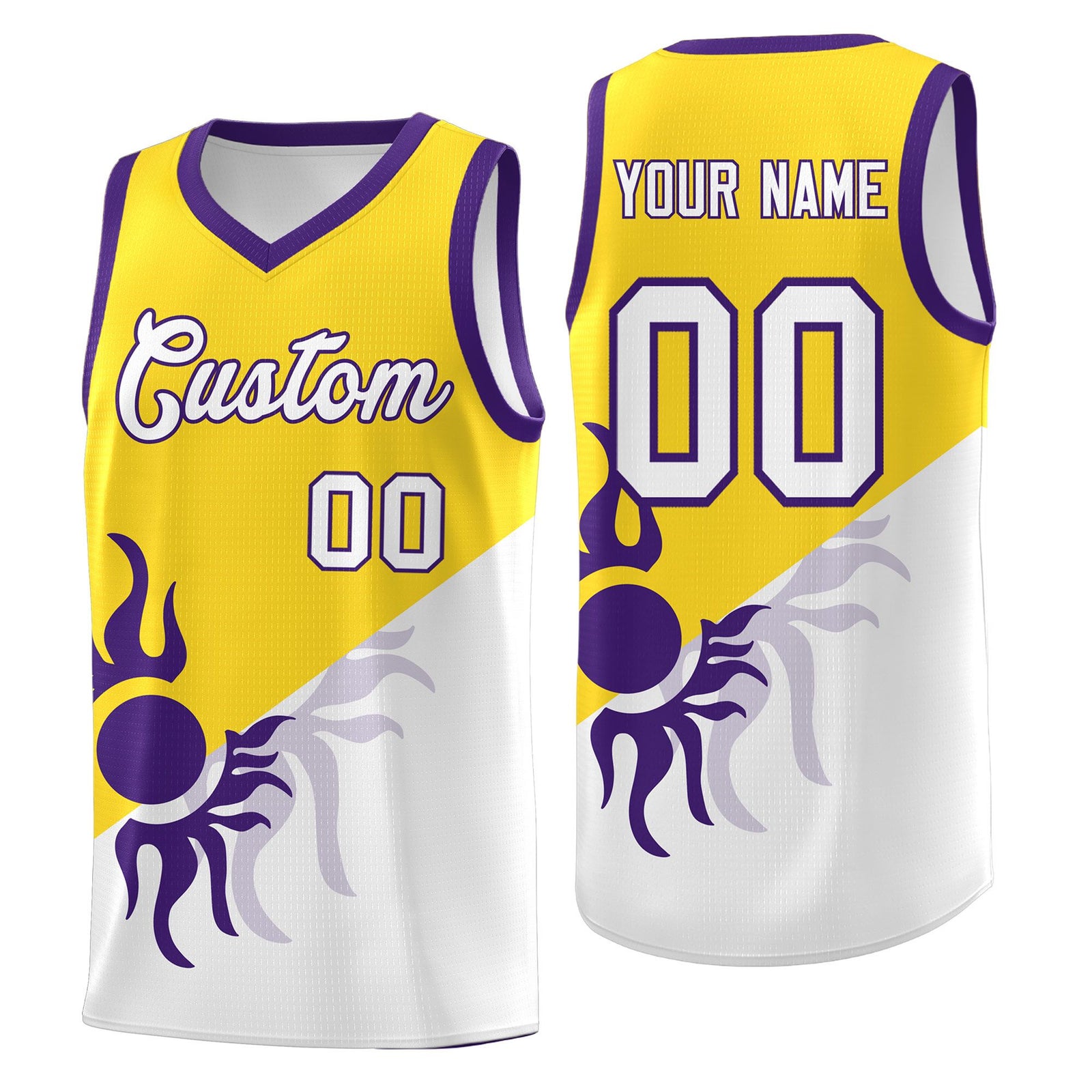 Custom Youth Basketball Jerseys - Gold White Radiant Sun Design Two Tone Uniforms