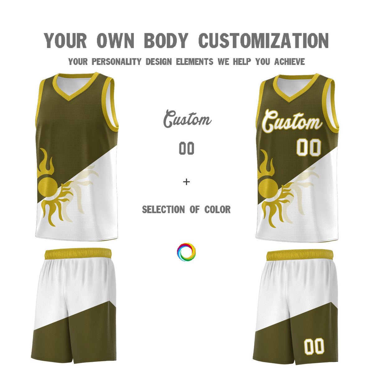 Custom Youth Basketball Jerseys - Olive White Sunburst Design Two Tone Uniforms