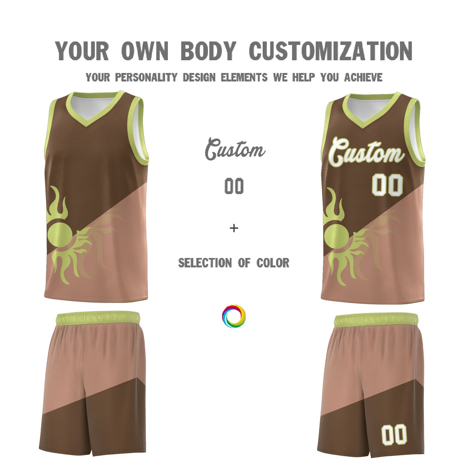 Custom Youth Basketball Jerseys - Coffee Light Brown Radiant Sun Design Two Tone Uniforms