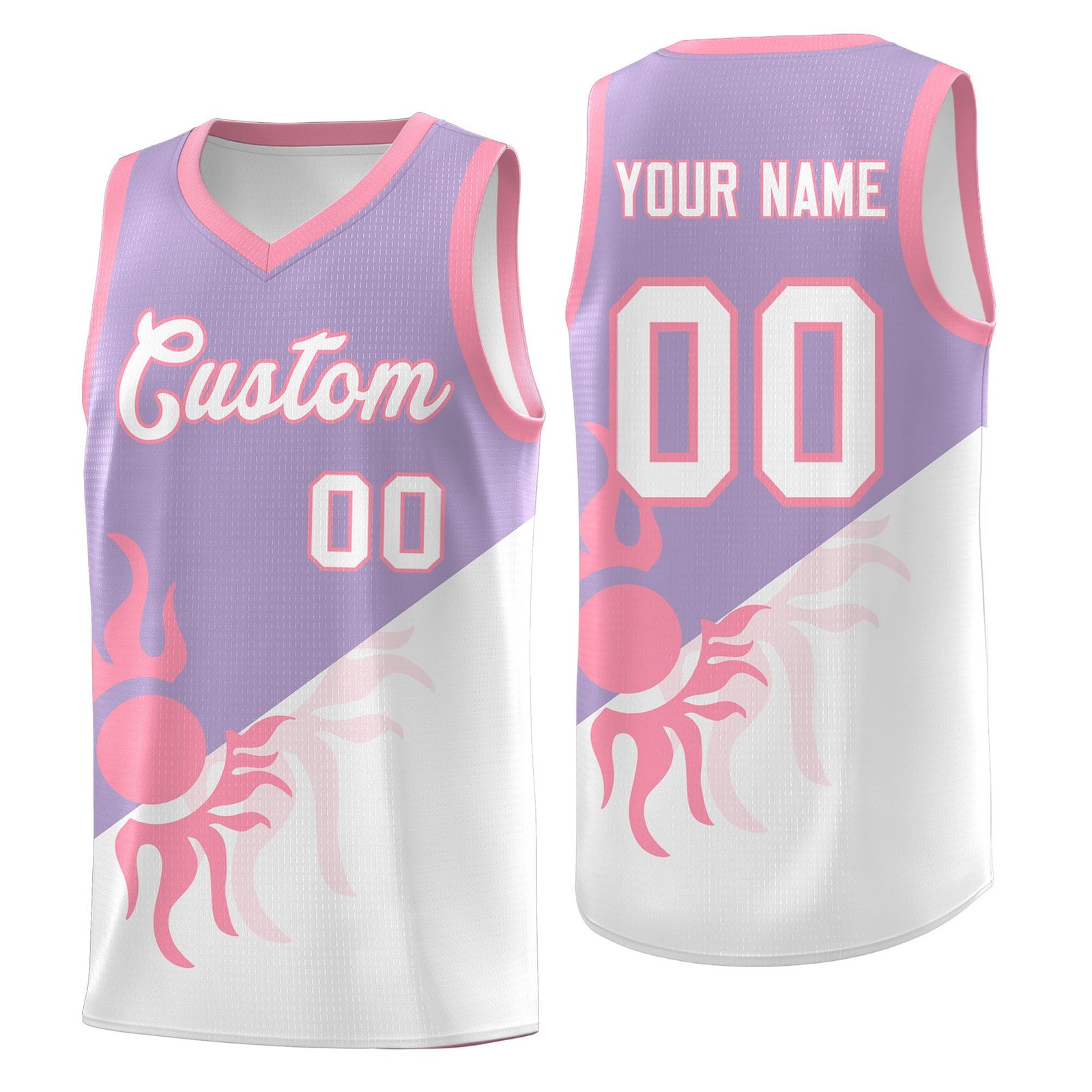 Custom Youth Basketball Jerseys - Light Purple White Radiant Sun Design Two Tone Uniforms