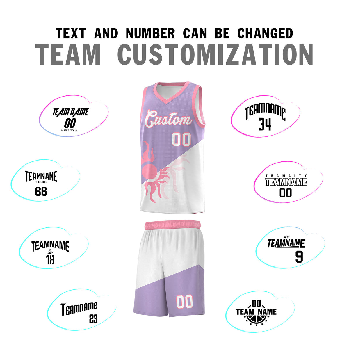 Custom Youth Basketball Jerseys - Light Purple White Radiant Sun Design Two Tone Uniforms