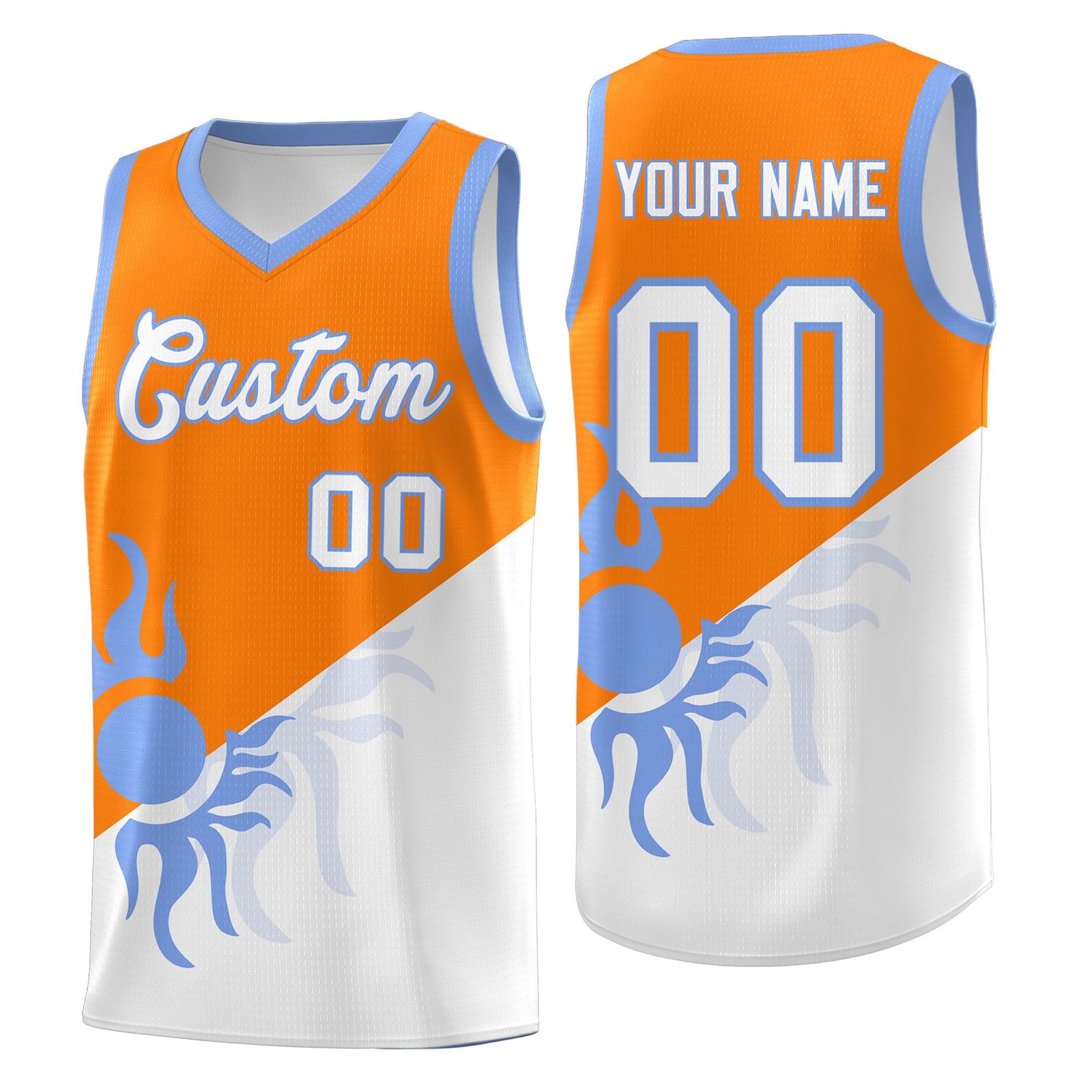 Custom Youth Basketball Jerseys - Orange White Radiant Sun Design Two Tone Uniforms
