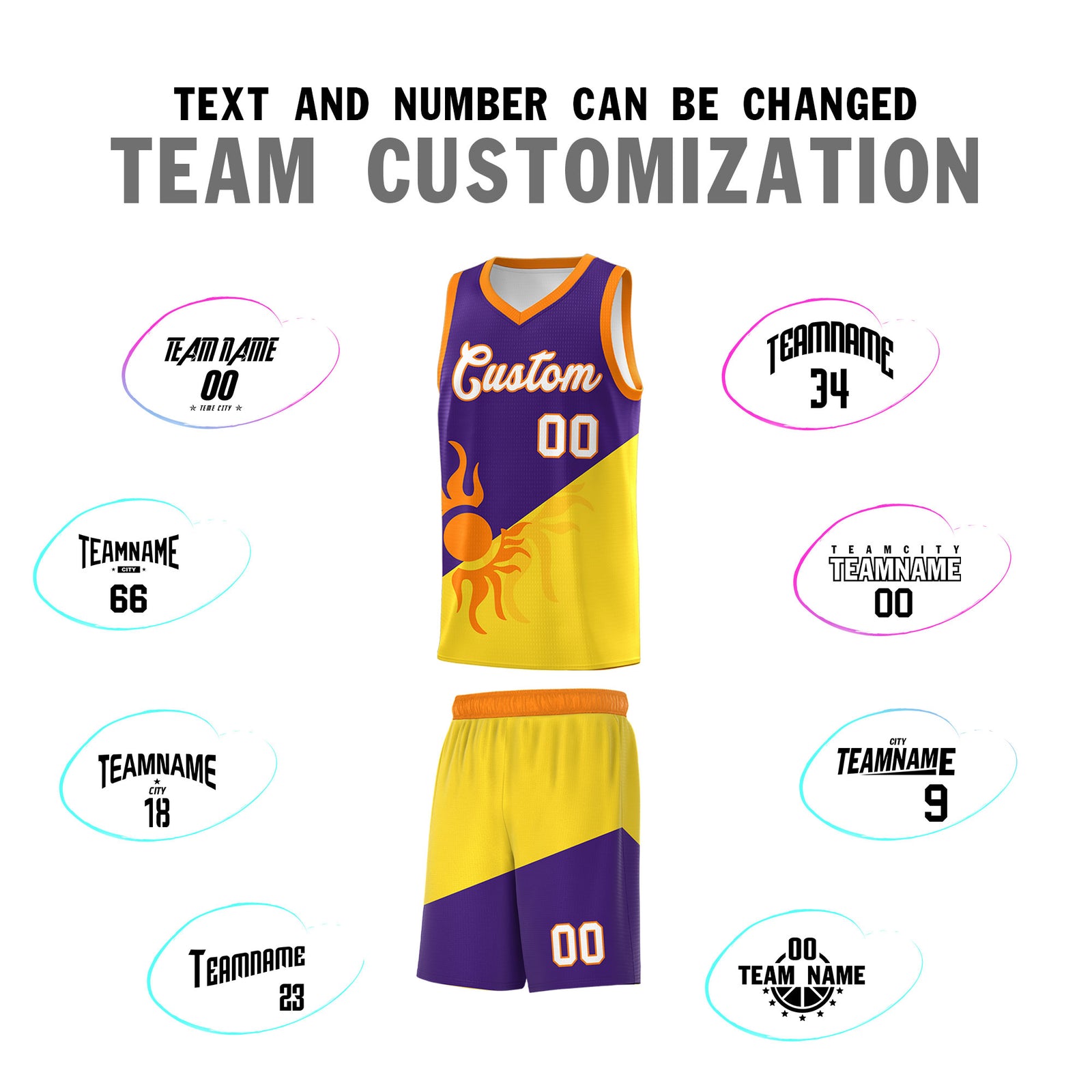 Custom Youth Basketball Jerseys - Purple Gold Radiant Sun Design Two Tone Uniforms