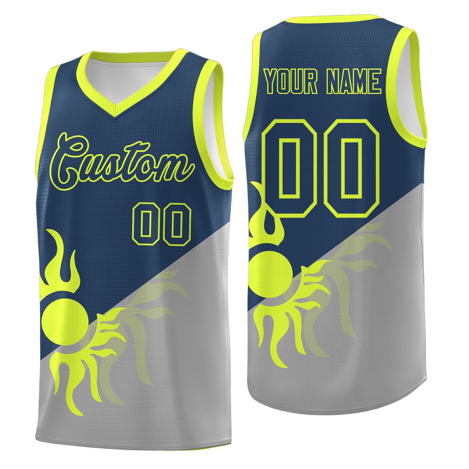 Custom Youth Basketball Jerseys - Gray Midnight Blue Radiant Sun Design Two Tone Uniforms