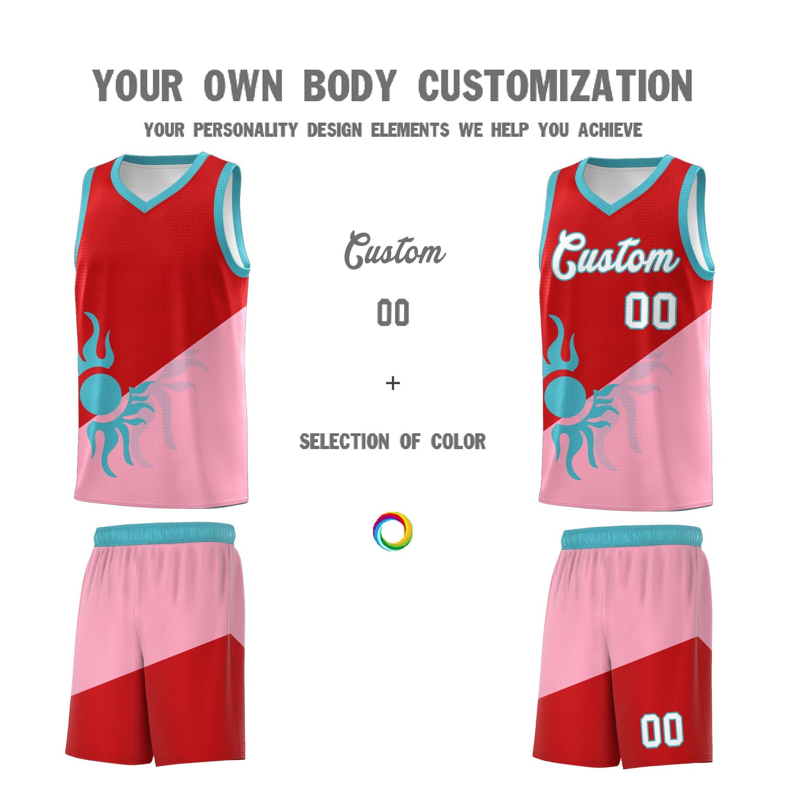 Custom Youth Basketball Jerseys - Red Light Pink Sunburst Design Two Tone Uniforms