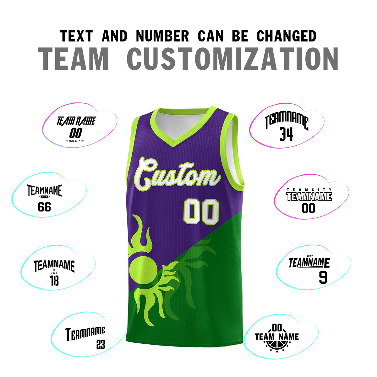 Custom Youth Basketball Jerseys - Purple Kelly Green Sunburst Design Two Tone Uniforms