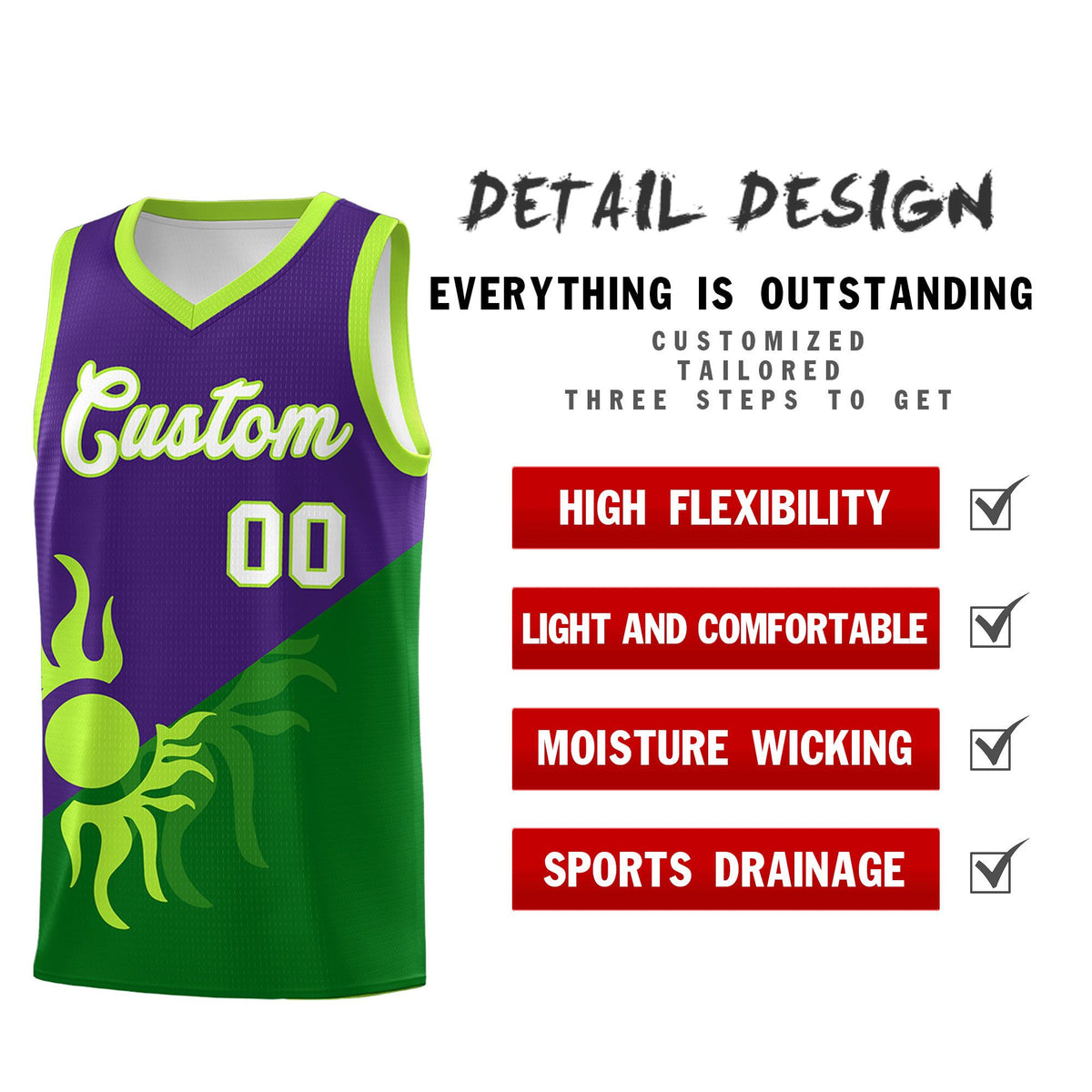Custom Youth Basketball Jerseys - Purple Kelly Green Sunburst Design Two Tone Uniforms