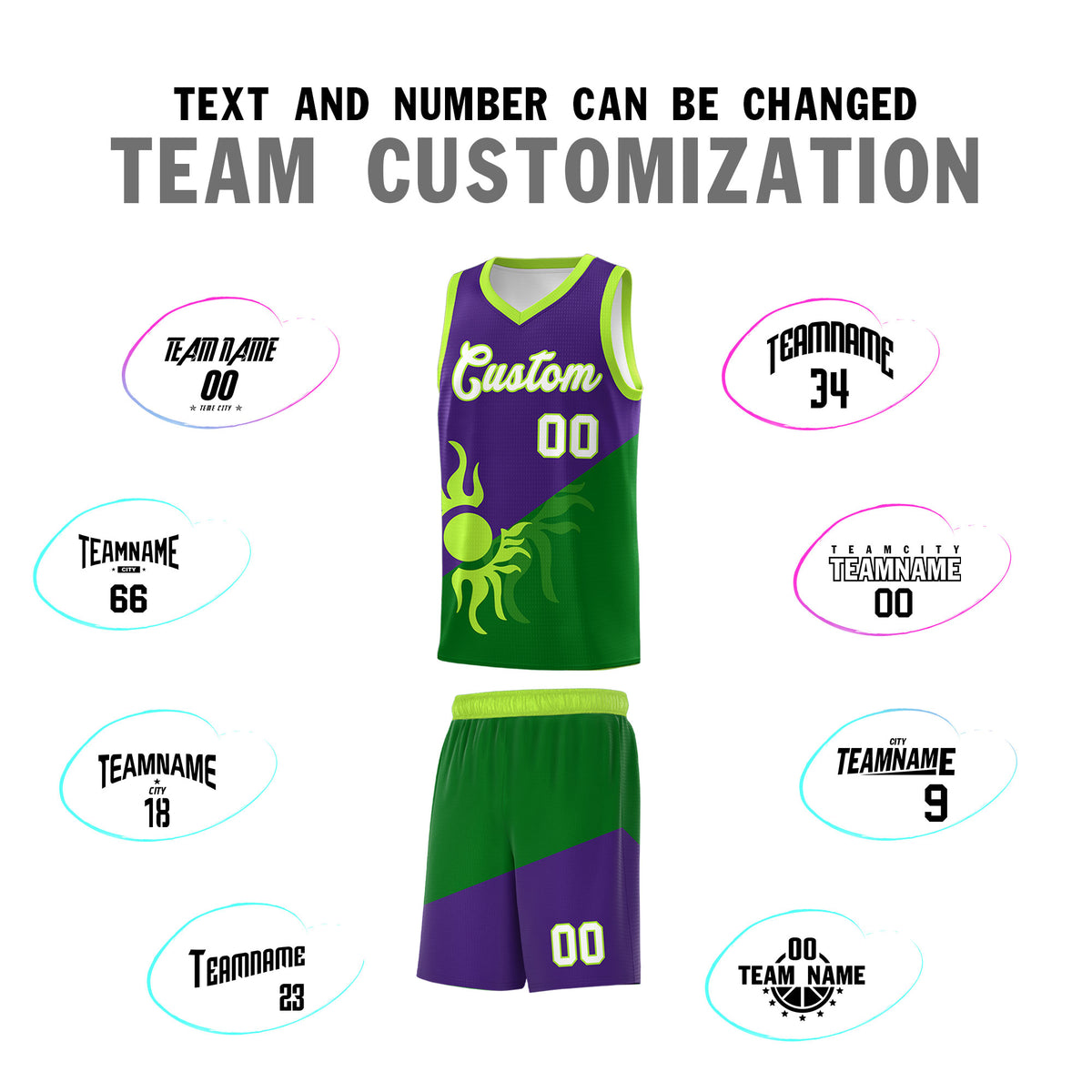 Custom Youth Basketball Jerseys - Purple Kelly Green Sunburst Design Two Tone Uniforms