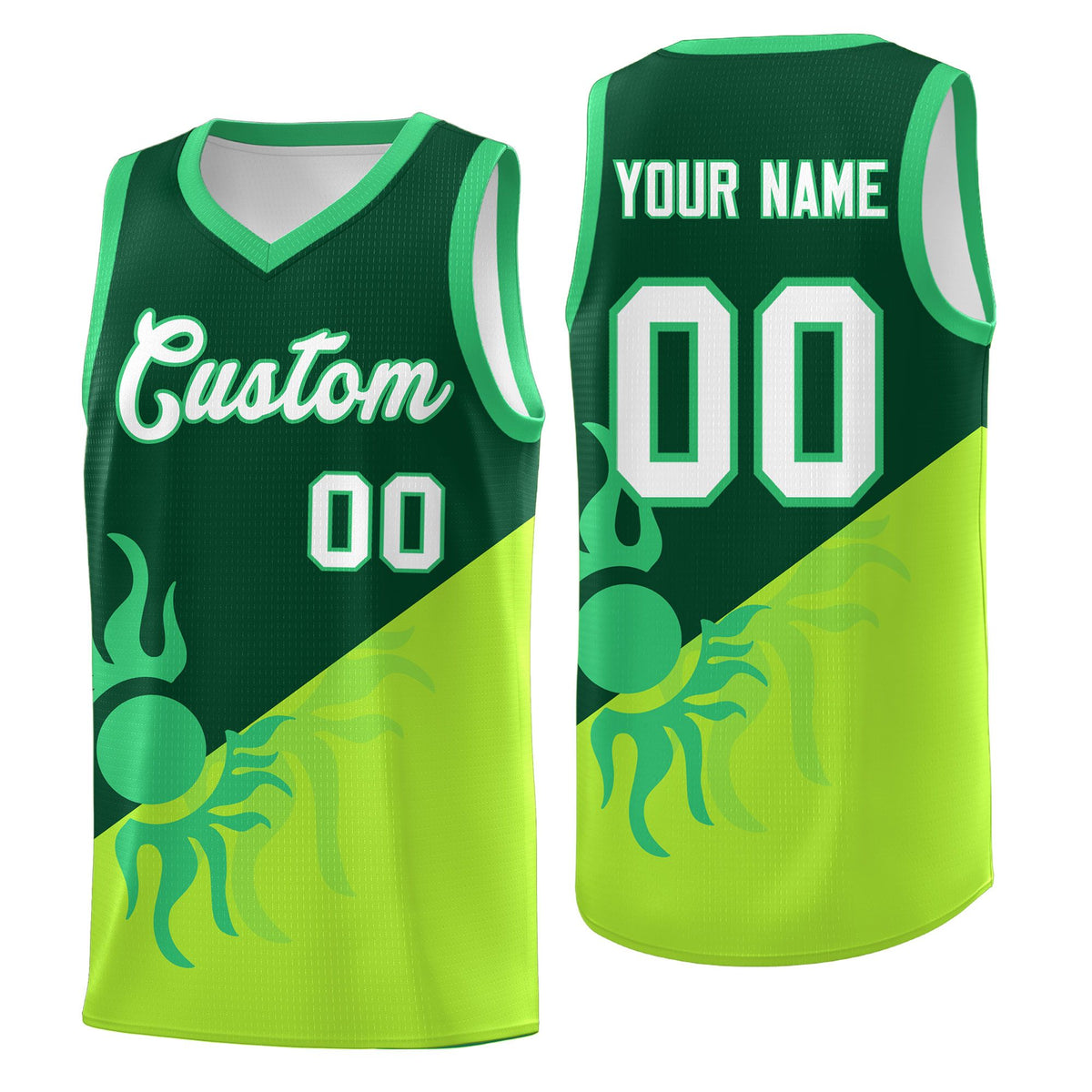 Custom Youth Basketball Jerseys - Kelly Green Neon Green Radiant Sun Design Two Tone Uniforms