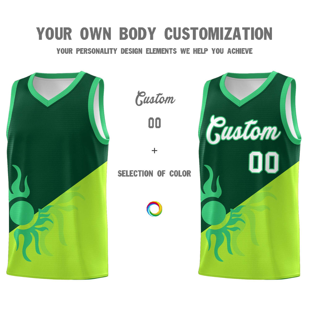 Custom Youth Basketball Jerseys - Kelly Green Neon Green Radiant Sun Design Two Tone Uniforms