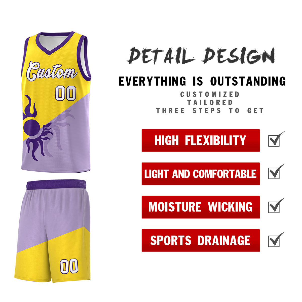 Custom Youth Basketball Jerseys - Light Purple Gold Sunburst Design Two Tone Uniforms