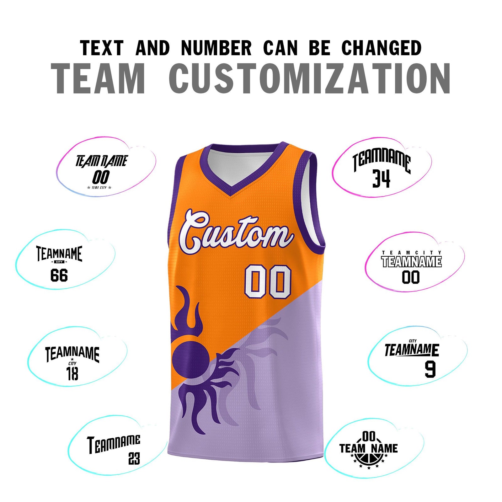 Custom Youth Basketball Jerseys - Light Purple Orange Radiant Sun Design Two Tone Uniforms