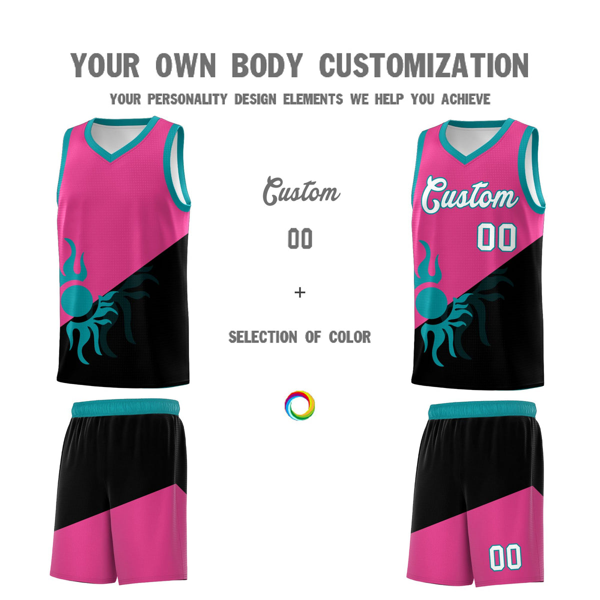Custom Youth Basketball Jerseys - Rose Red Black Sunburst Design Two Tone Uniforms