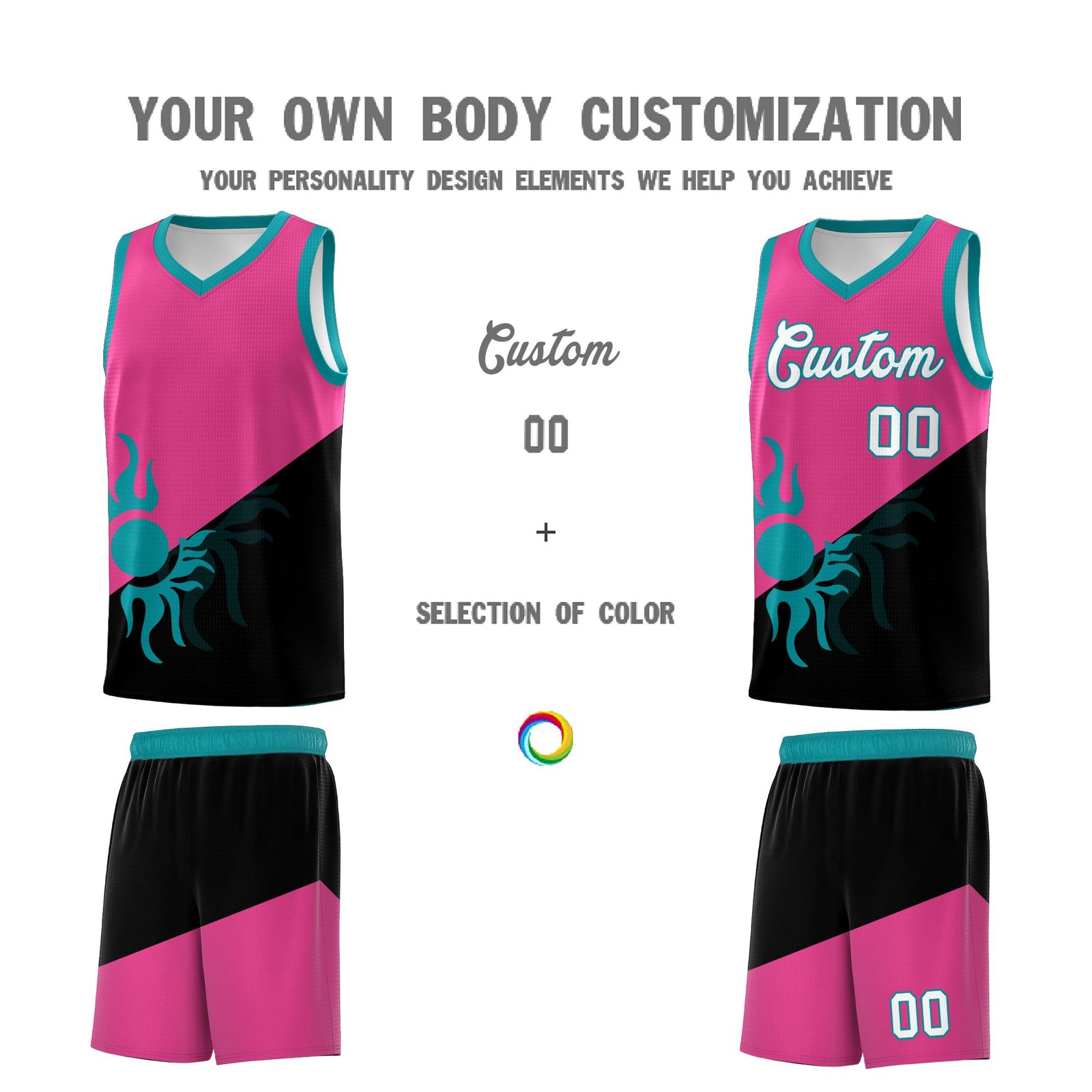Custom Youth Basketball Jerseys - Rose Red Black Sunburst Design Two Tone Uniforms