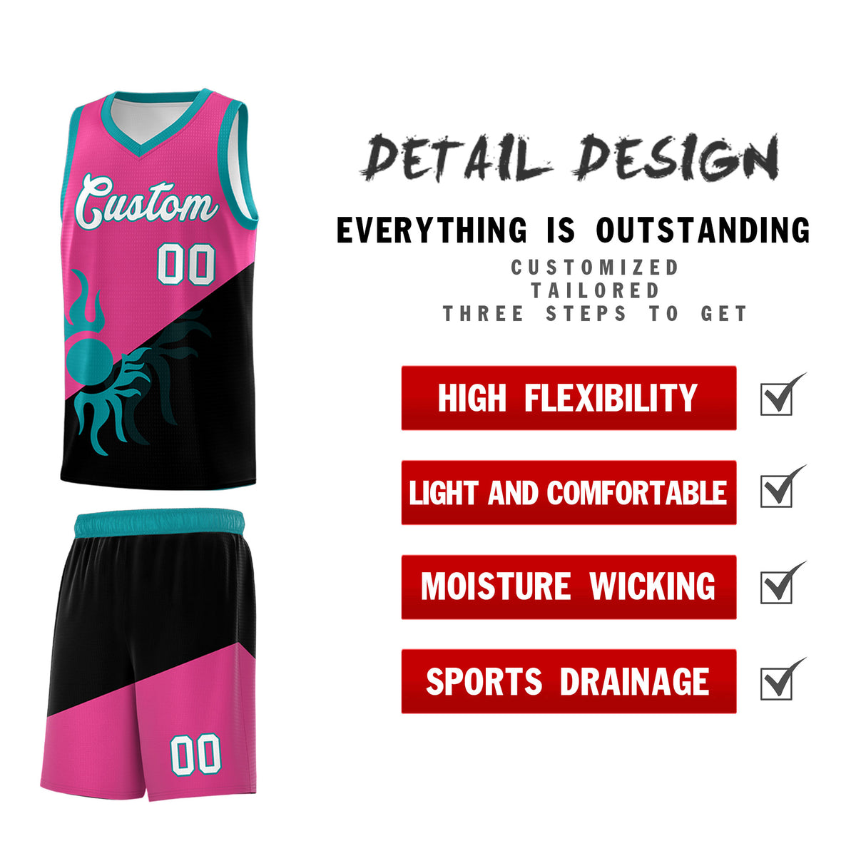 Custom Youth Basketball Jerseys - Rose Red Black Sunburst Design Two Tone Uniforms