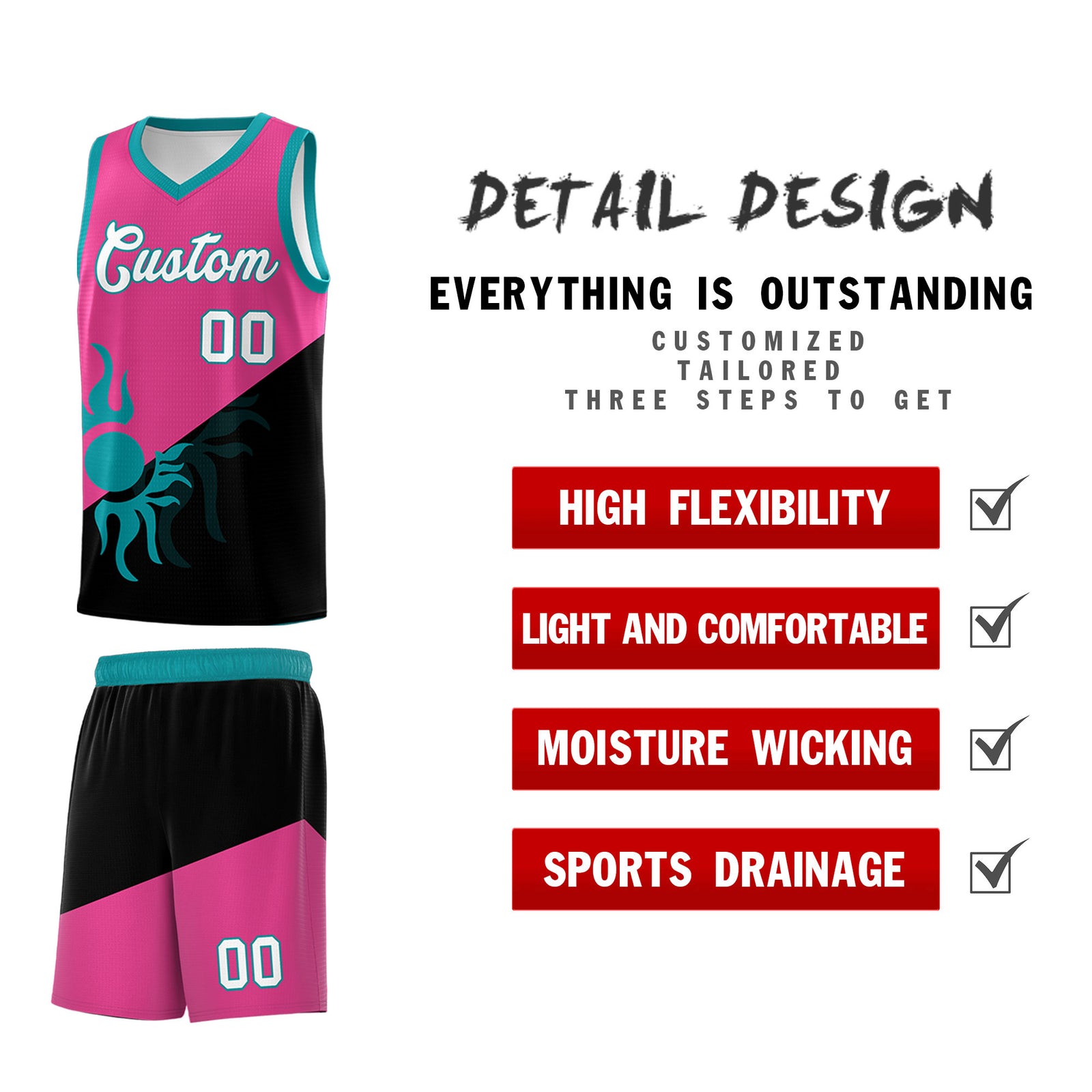 Custom Youth Basketball Jerseys - Rose Red Black Sunburst Design Two Tone Uniforms