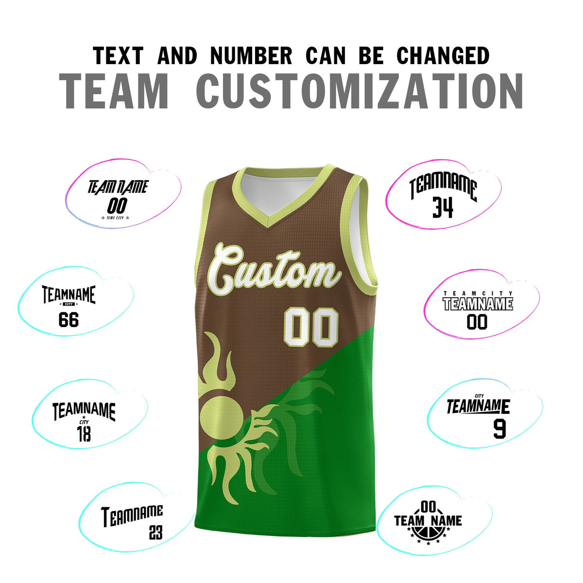 Custom Youth Basketball Jerseys - Kelly Green Light Brown Sunburst Design Two Tone Uniforms