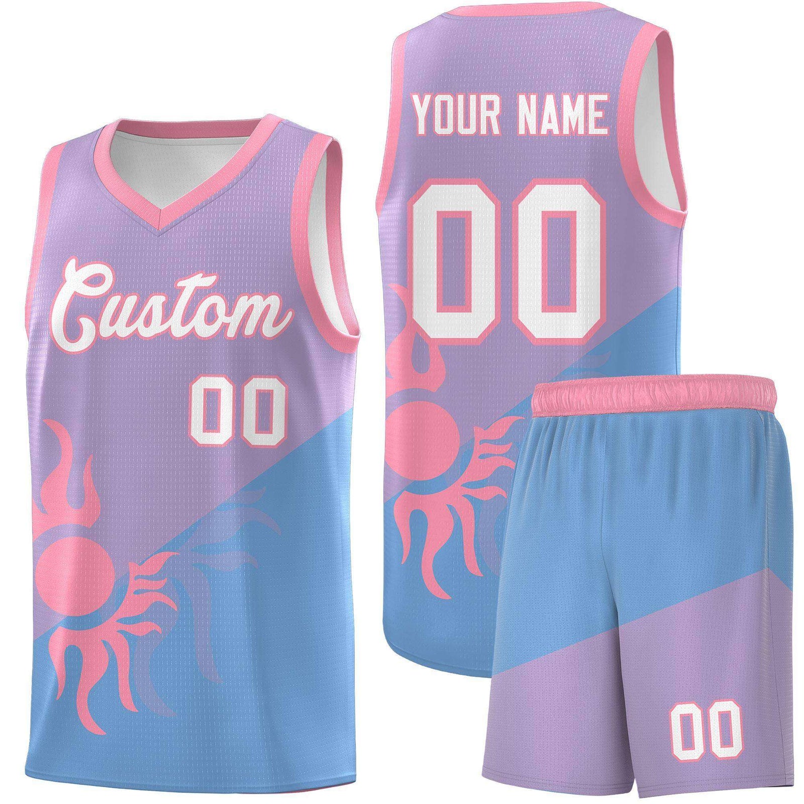 Custom Youth Basketball Jerseys - Light Purple Powder Blue Sunburst Design Two Tone Uniforms