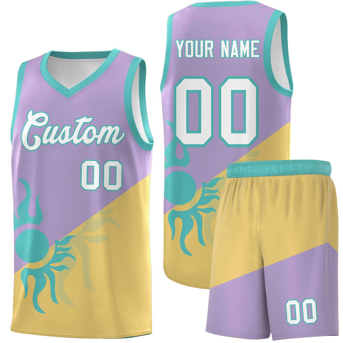 Custom Youth Basketball Jerseys - Light Purple Old Gold Radiant Sun Design Two Tone Uniforms