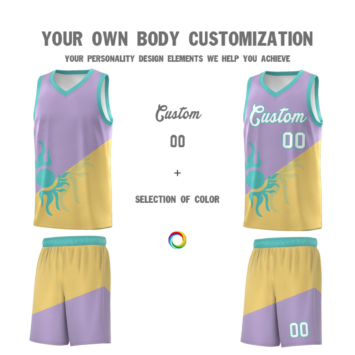 Custom Youth Basketball Jerseys - Light Purple Old Gold Radiant Sun Design Two Tone Uniforms