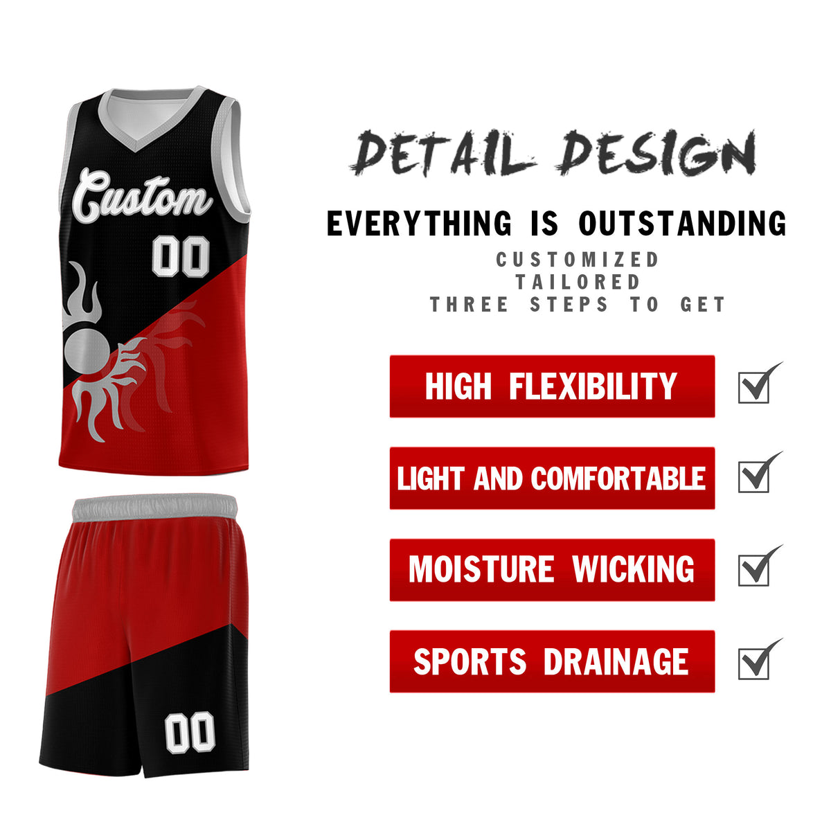 Custom Youth Basketball Jerseys - Black Red Sunburst Design Two Tone Uniforms
