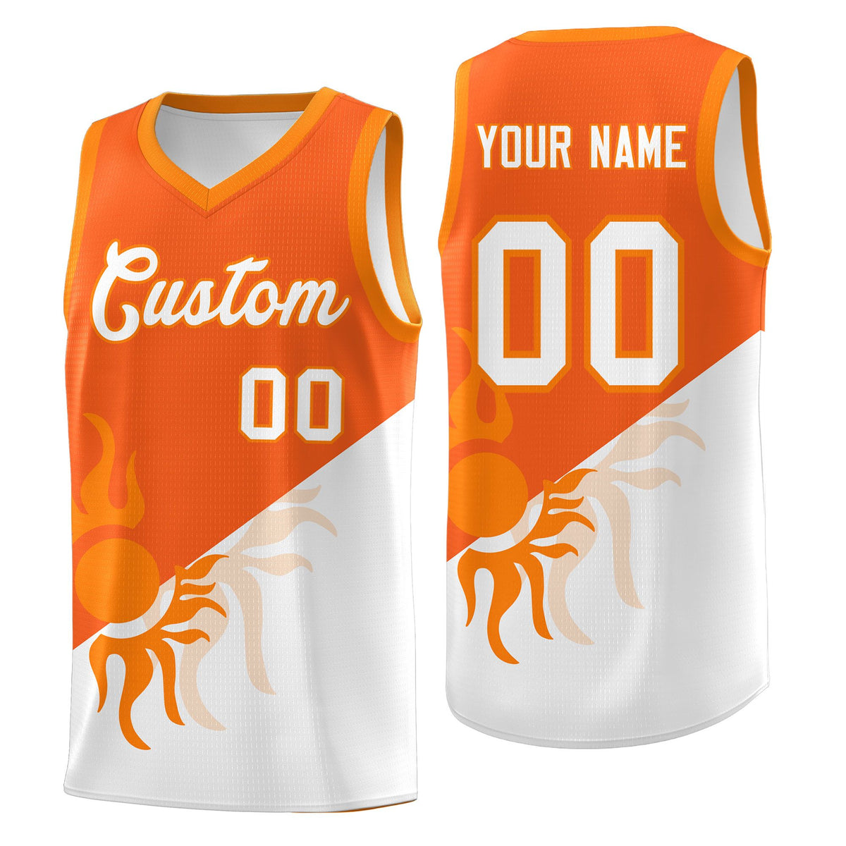 Custom Youth Basketball Jerseys - Orange White Radiant Sun Design Two Tone Uniforms