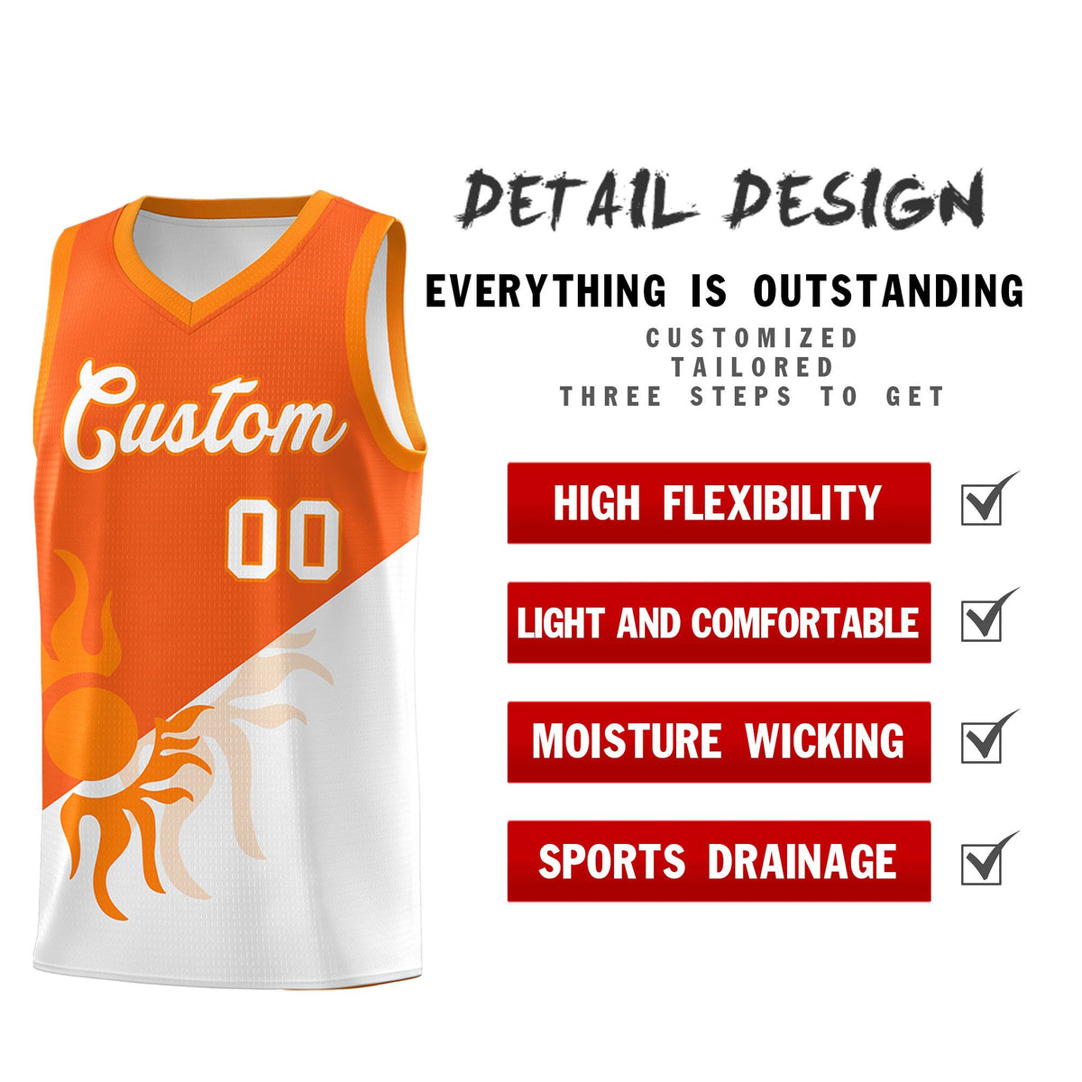 Custom Youth Basketball Jerseys - Orange White Radiant Sun Design Two Tone Uniforms