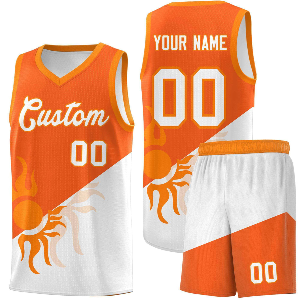 Custom Youth Basketball Jerseys - Orange White Radiant Sun Design Two Tone Uniforms