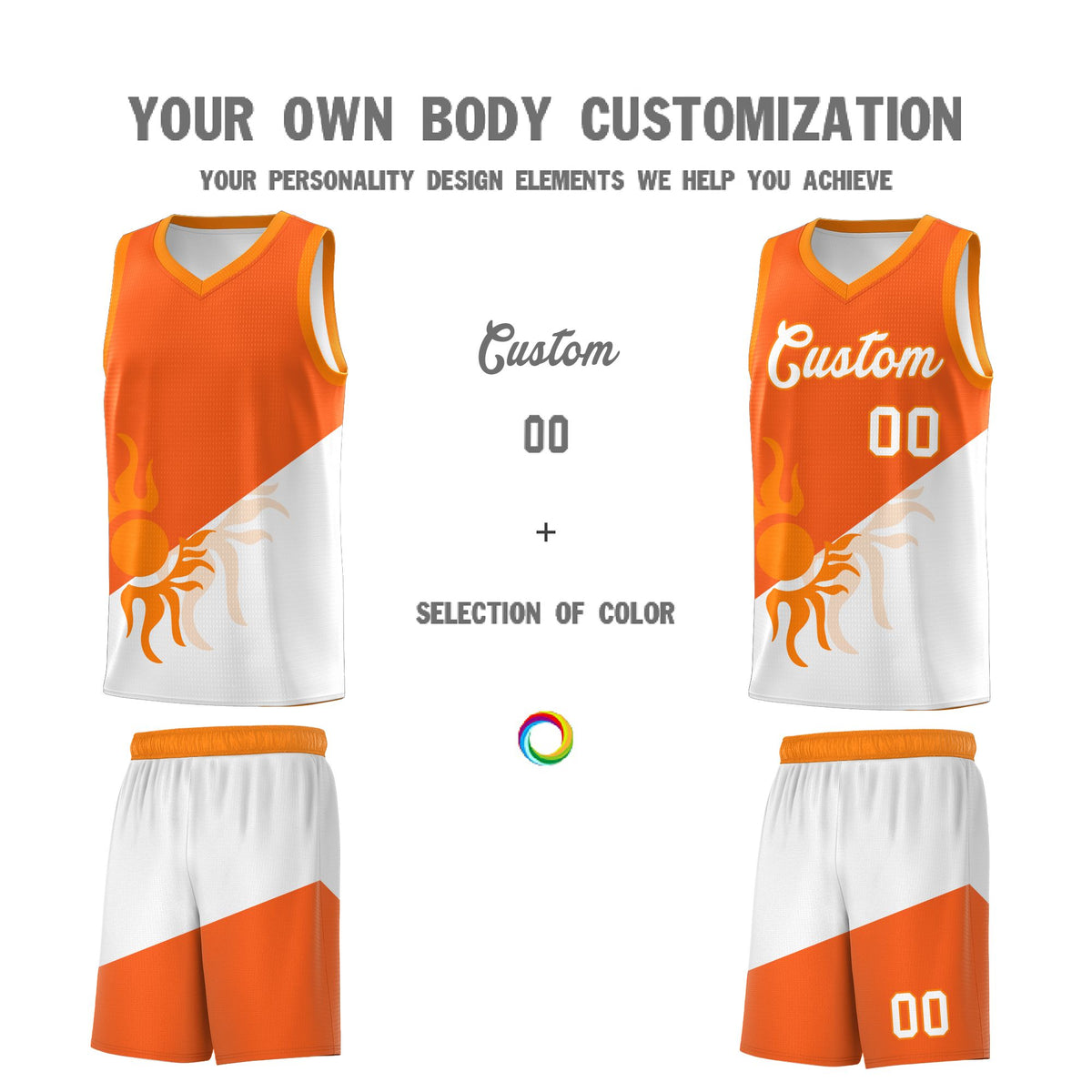 Custom Youth Basketball Jerseys - Orange White Radiant Sun Design Two Tone Uniforms