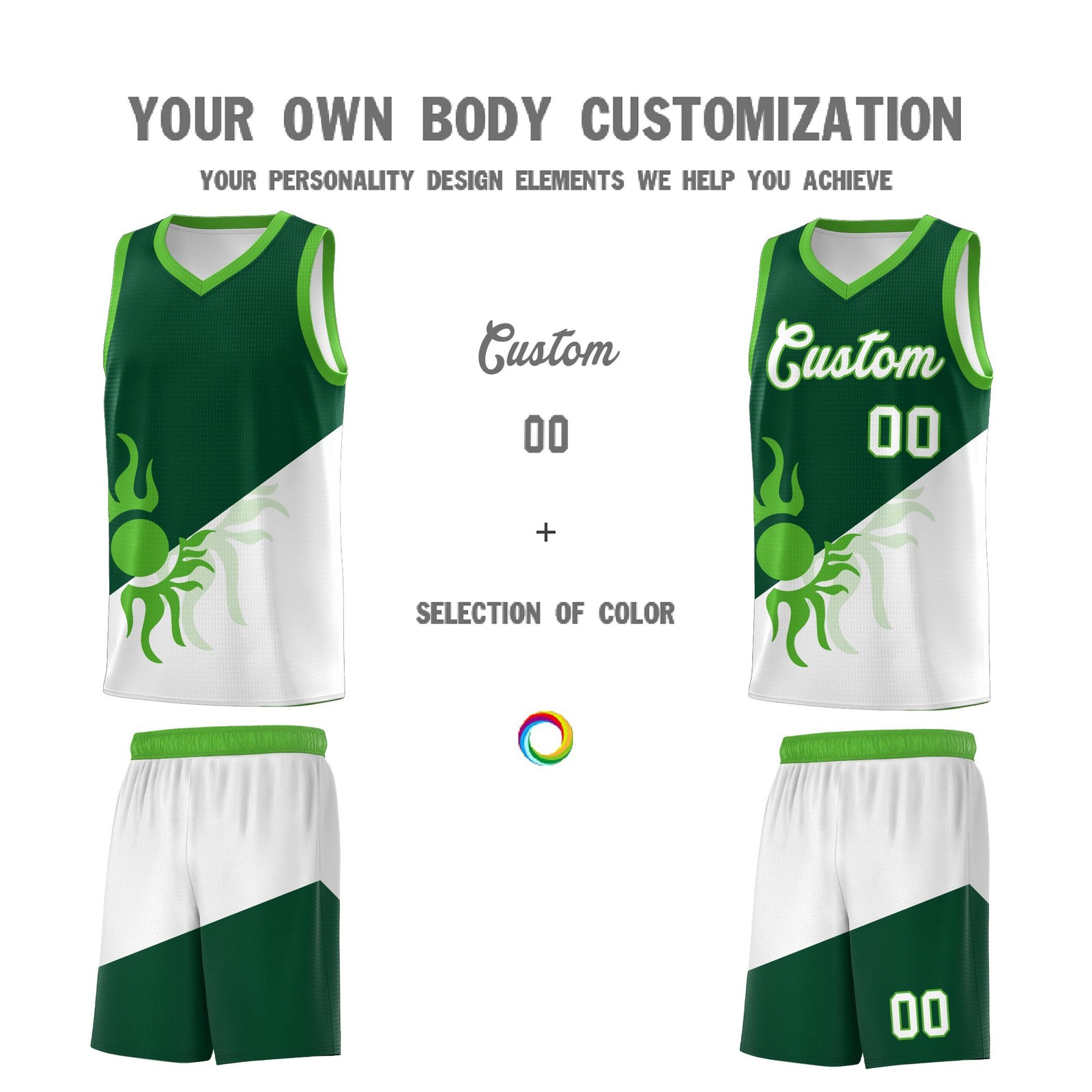 Custom Youth Basketball Jerseys - Kelly Green White Radiant Sun Design Two Tone Uniforms